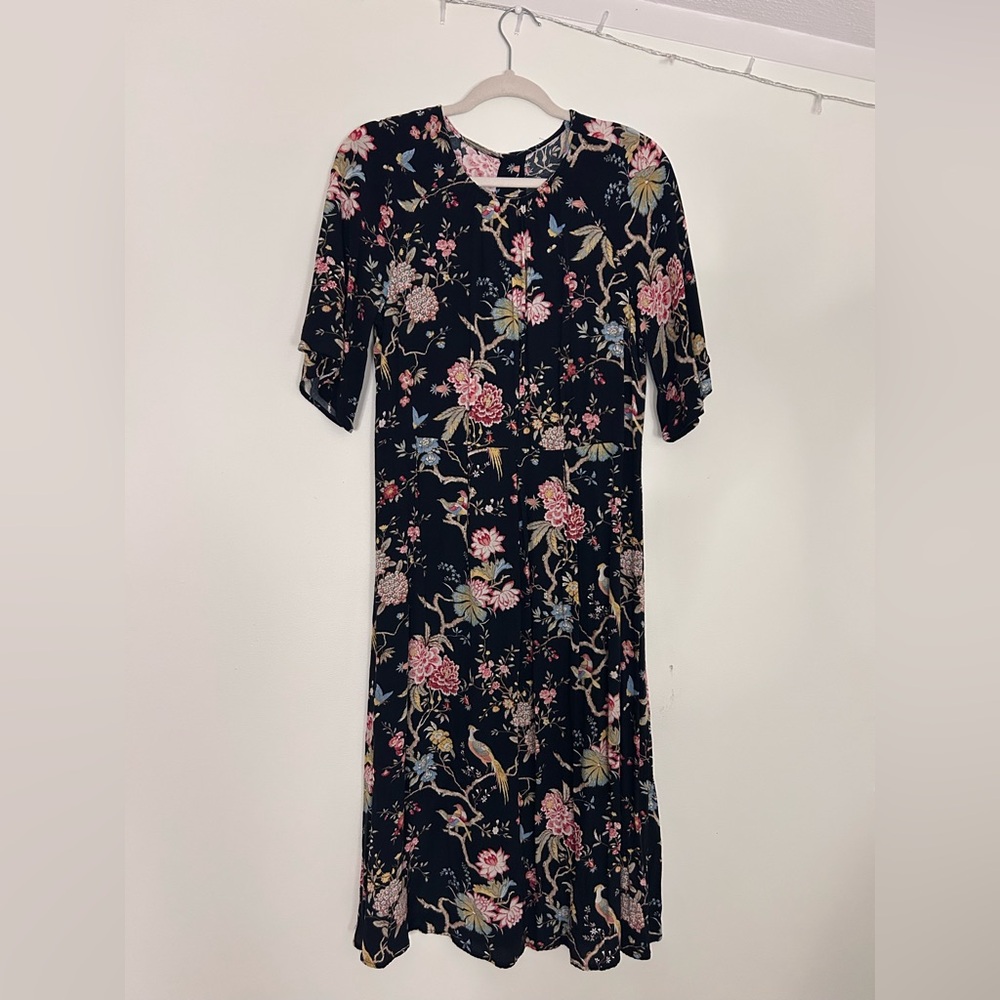 GP & J Baker x H&M Black Floral Printed Midi Crepe Dress Boho Whimsical Size 6